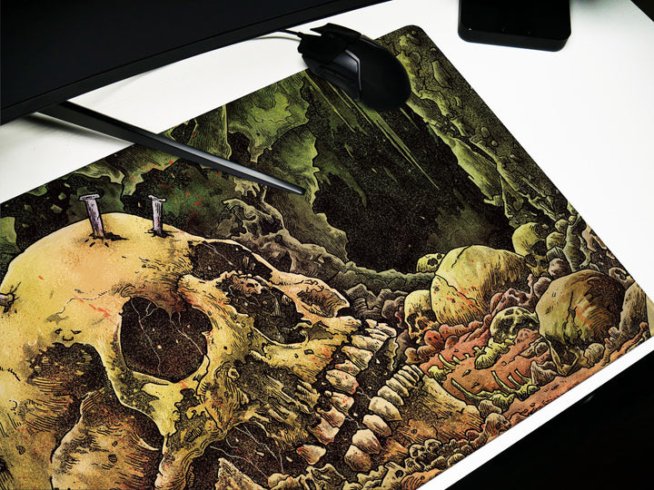 Cave of the Forsaken, Desk Pad, Mouse Pad, Desk Mat, Skull-Strewn Cavern, Macabre Decay, Gothic Horror Landscape