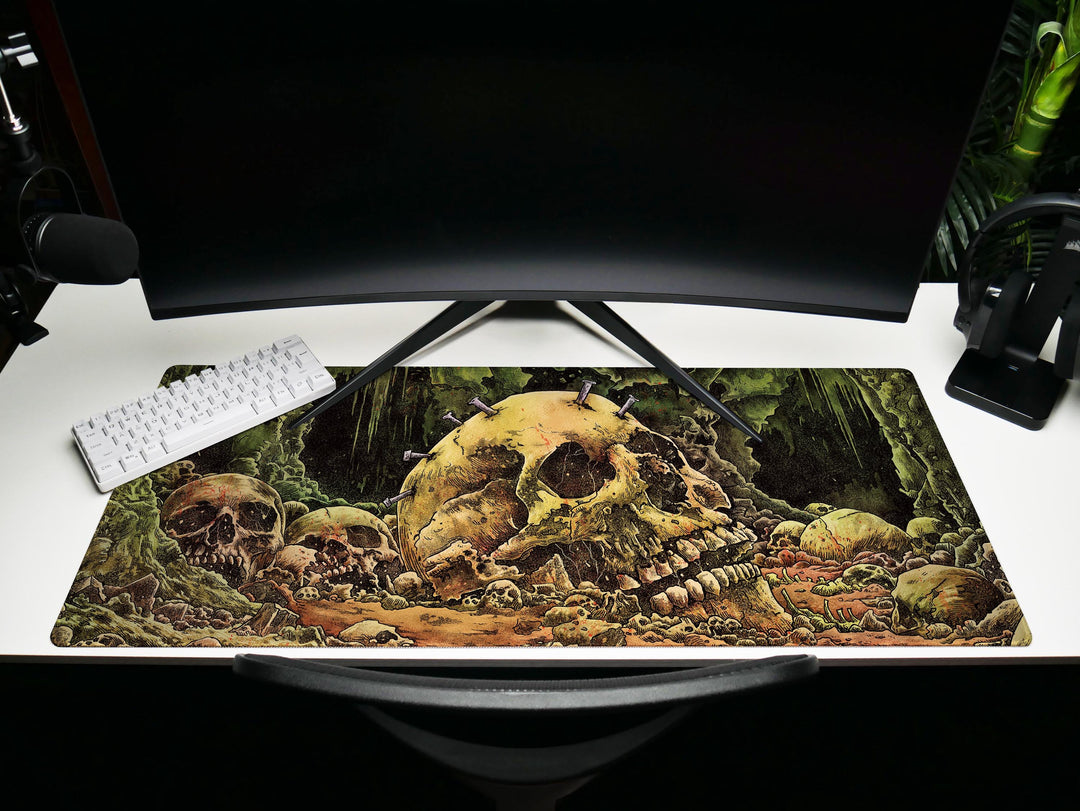 Cave of the Forsaken, Desk Pad, Mouse Pad, Desk Mat, Skull-Strewn Cavern, Macabre Decay, Gothic Horror Landscape
