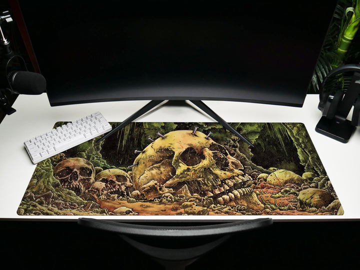 Cave of the Forsaken, Desk Pad, Mouse Pad, Desk Mat, Skull-Strewn Cavern, Macabre Decay, Gothic Horror Landscape