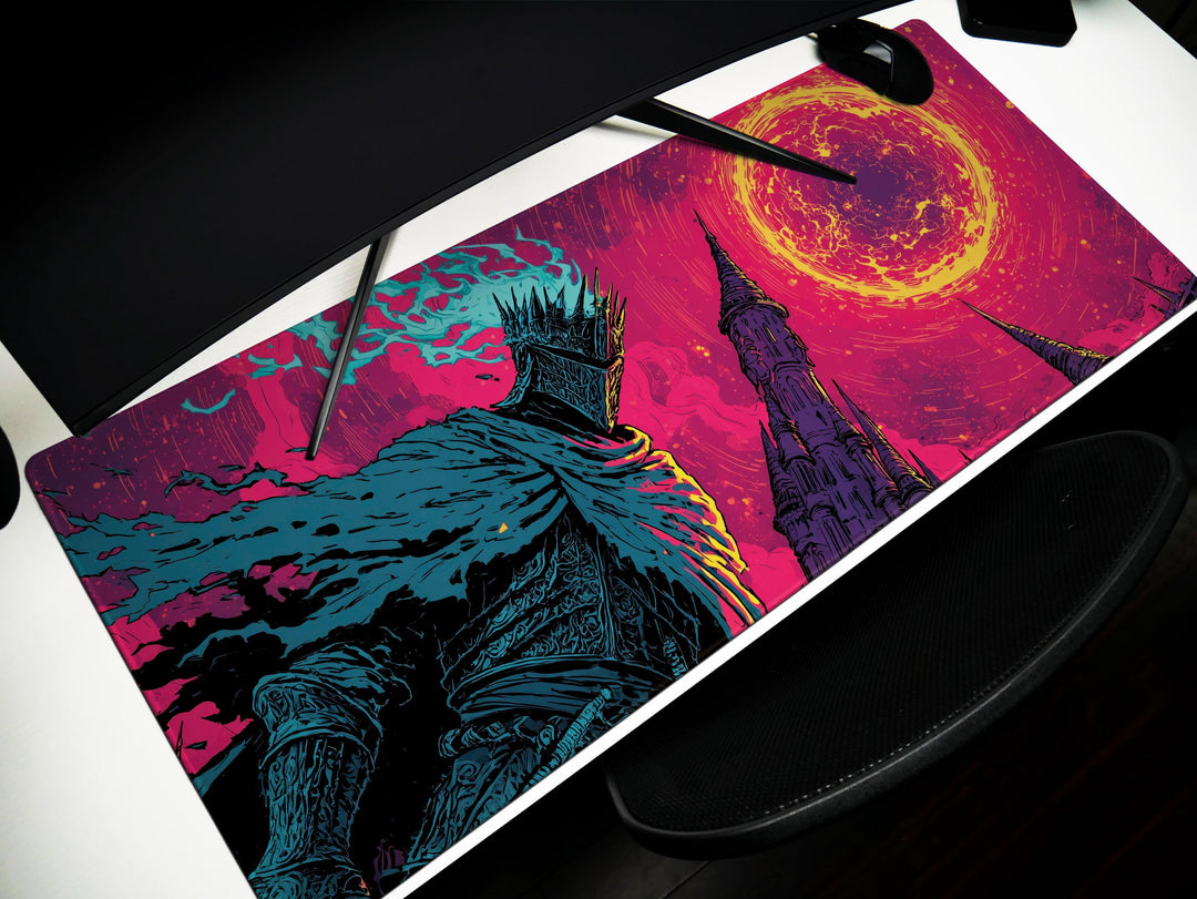 Crowned Inferno, Desk Pad, Mouse Pad, Desk Mat, Burning Sky, Armored Sentinel, Apocalyptic Fantasy, Towering Spires