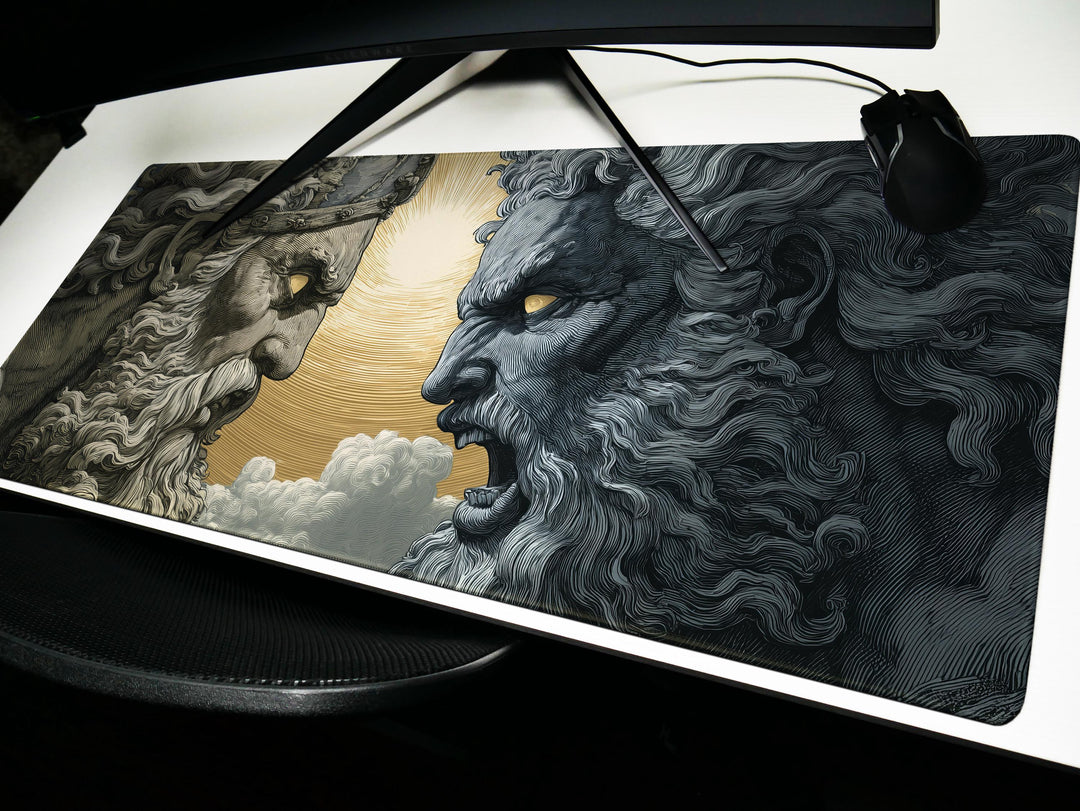 Titan Clash, Desk Pad, Mouse Pad, Desk Mat, Mythic Battle of Greek Gods, Zeus vs Titan, Sunburst Showdown, Epic Face-Off Art