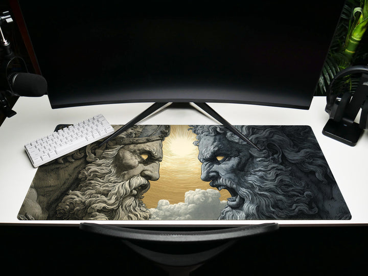 Titan Clash, Desk Pad, Mouse Pad, Desk Mat, Mythic Battle of Greek Gods, Zeus vs Titan, Sunburst Showdown, Epic Face-Off Art