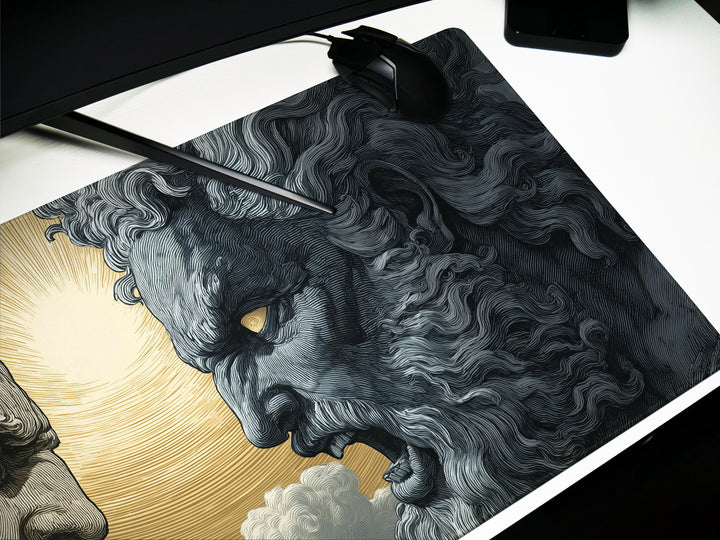 Titan Clash, Desk Pad, Mouse Pad, Desk Mat, Mythic Battle of Greek Gods, Zeus vs Titan, Sunburst Showdown, Epic Face-Off Art
