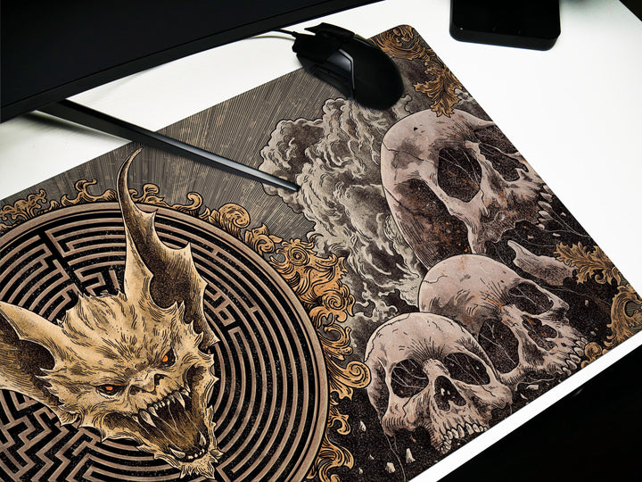 Labyrinth Inferno, Desk Pad, Mouse Pad, Desk Mat, Demonic Skull Centerpiece, Gothic Skulls, Hellish Maze, Baroque Horror Aesthetic