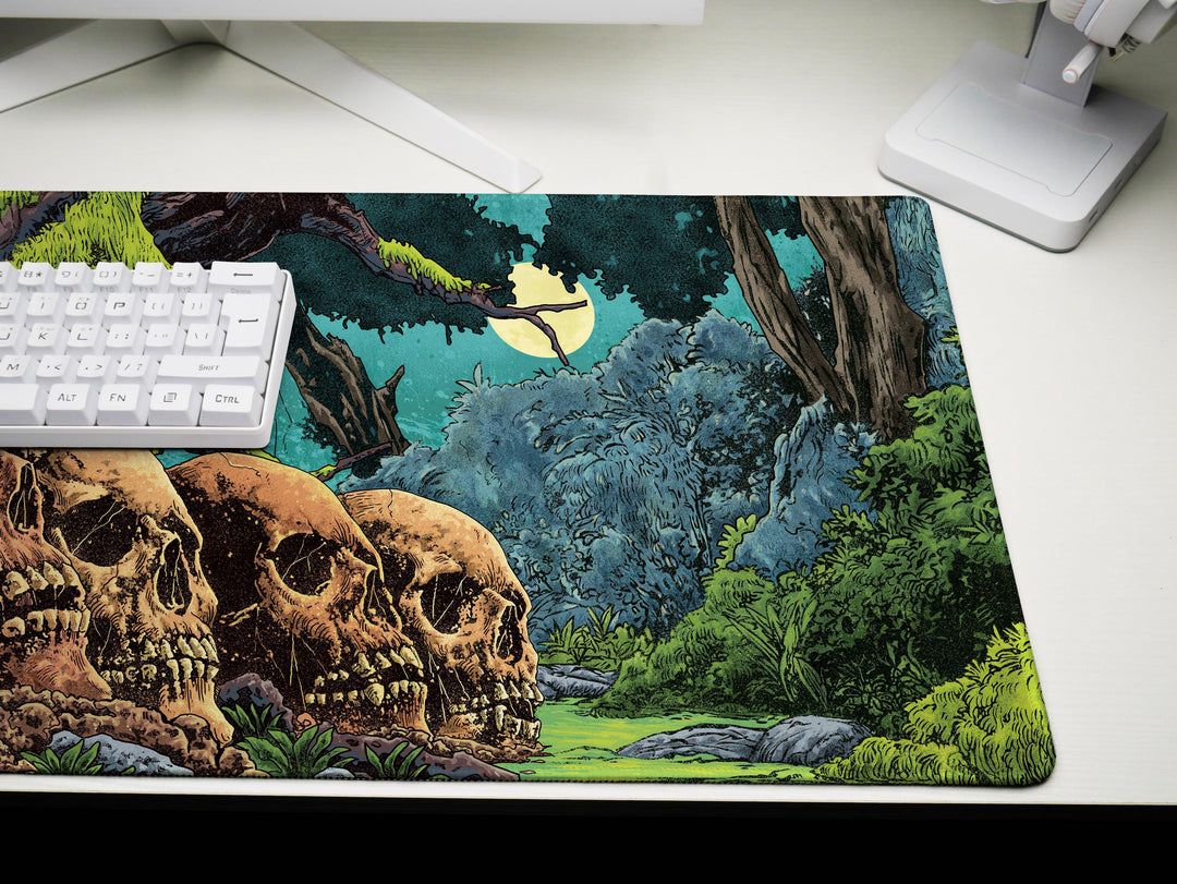 Eternal Rest, Desk Pad, Mouse Pad, Desk Mat, Overgrown Skulls, Haunted Jungle Scene, Dark Fantasy Forest, Nighttime Horror Ambience