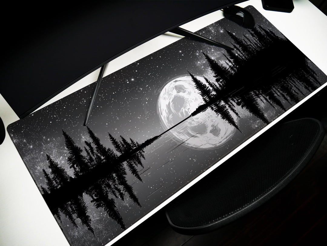 Silver Lake Midnight, Desk Pad, Mouse Pad, Desk Mat, Full Moon Reflection, Starry Sky, Tranquil Nature Scene