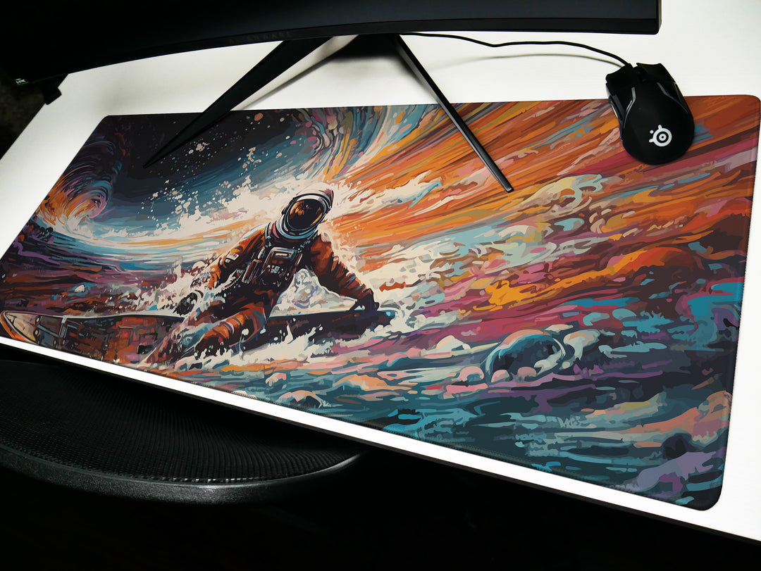 Space Wave Surfer : Astronaut Riding a Vibrant Alien Ocean Wave in a Spacesuit