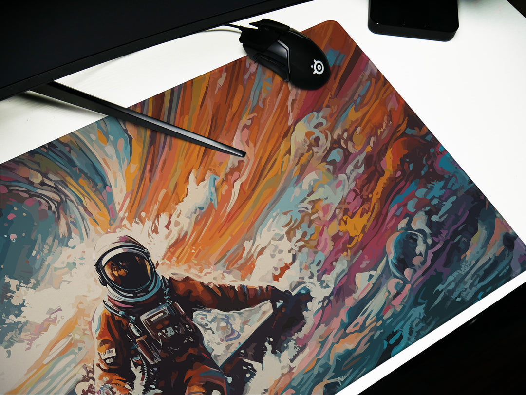 Space Wave Surfer : Astronaut Riding a Vibrant Alien Ocean Wave in a Spacesuit