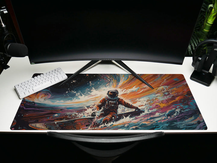 Space Wave Surfer : Astronaut Riding a Vibrant Alien Ocean Wave in a Spacesuit