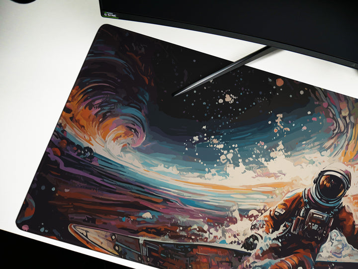 Space Wave Surfer : Astronaut Riding a Vibrant Alien Ocean Wave in a Spacesuit