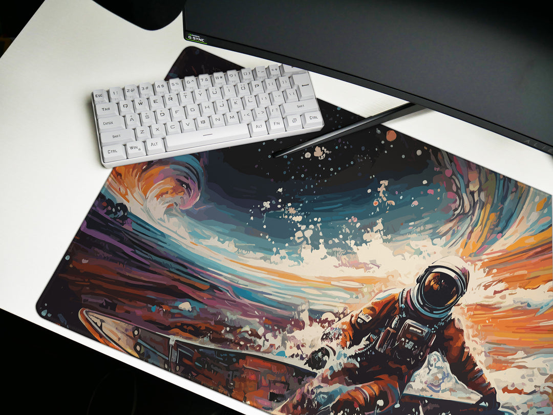 Space Wave Surfer : Astronaut Riding a Vibrant Alien Ocean Wave in a Spacesuit