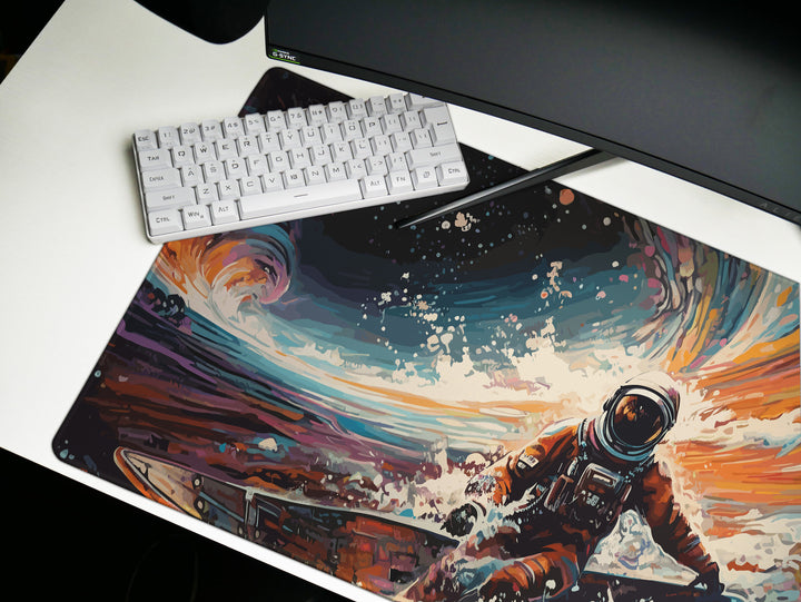 Space Wave Surfer : Astronaut Riding a Vibrant Alien Ocean Wave in a Spacesuit