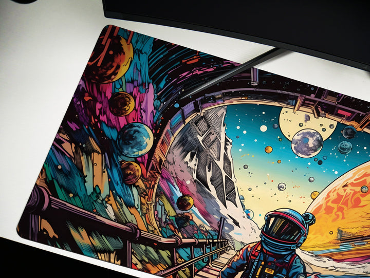 a computer mouse pad with a painting of an astronaut on it