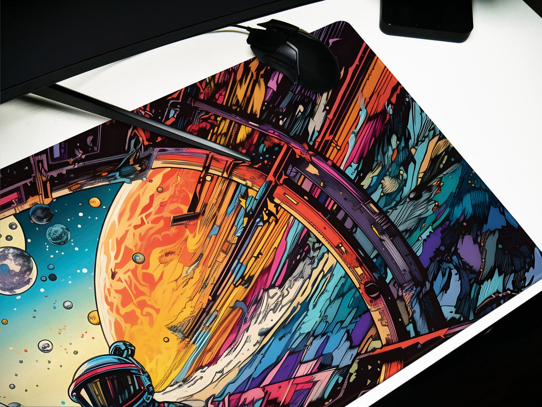 a mouse pad with a painting of a space station