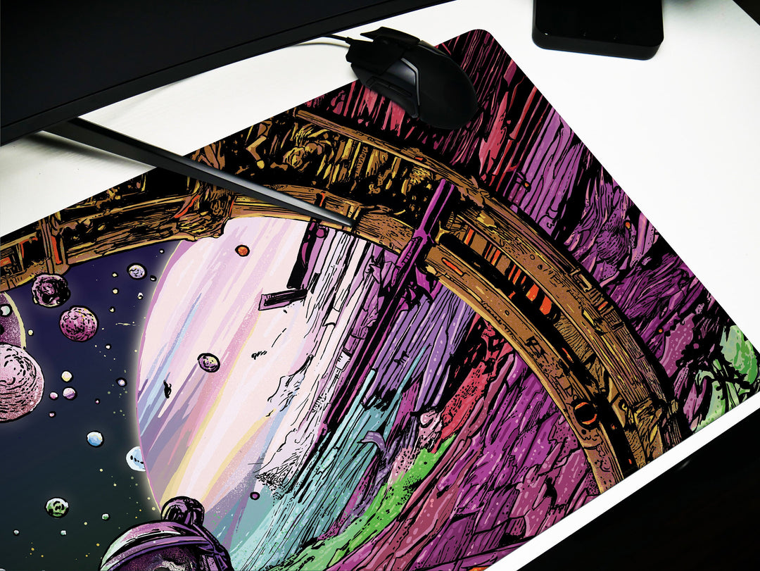 a computer mouse pad with a picture of a space station