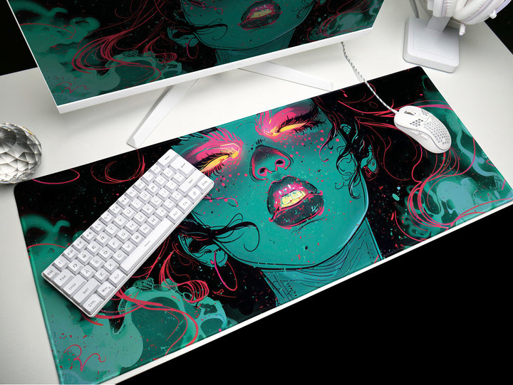 Cosmic Rapture Design 1, Desk Pad, Mouse Pad, Desk Mat, Surreal Artistry, Electric Hues, Artistic Enigma