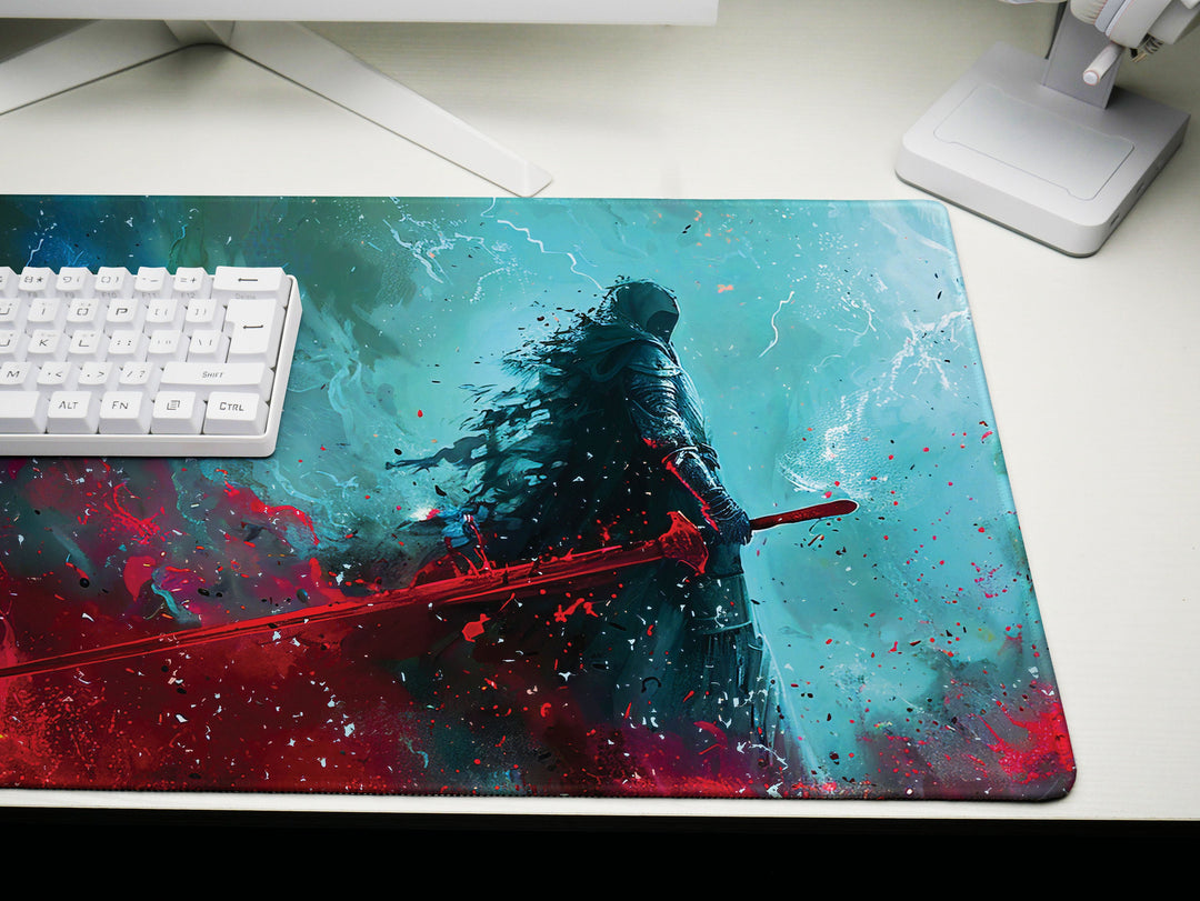 Dark Slayer Design 1, Desk Pad, Warrior Silhouette, Intense Battle Scene, Artistic Mouse Mat