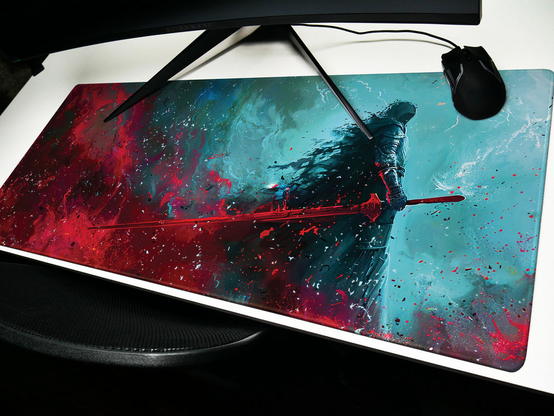 Dark Slayer Design 1, Desk Pad, Warrior Silhouette, Intense Battle Scene, Artistic Mouse Mat