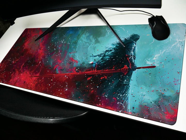 Dark Slayer Design 1, Desk Pad, Warrior Silhouette, Intense Battle Scene, Artistic Mouse Mat