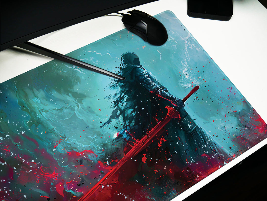 Dark Slayer Design 1, Desk Pad, Warrior Silhouette, Intense Battle Scene, Artistic Mouse Mat