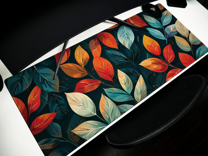 Autumnal Elegance, Desk Pad, Lush Foliage Pattern, Vivid Fall Colors, Office Decor, Artistic Desk Accessory