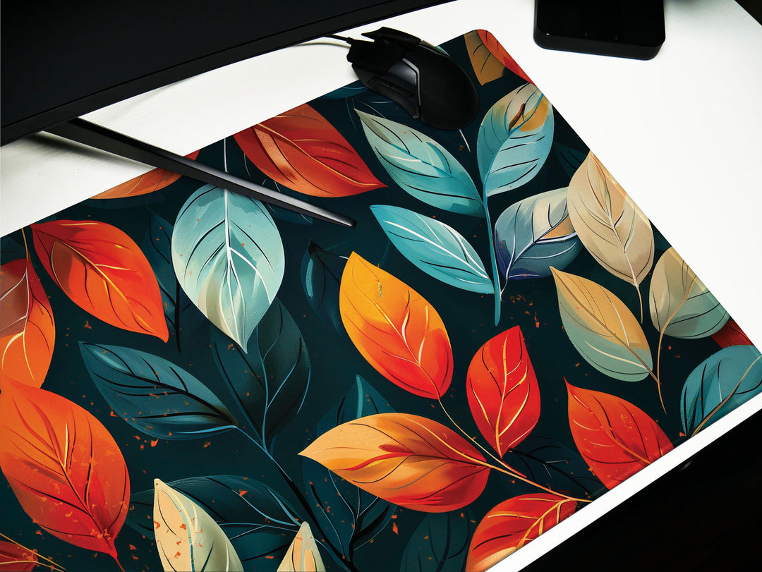 Autumnal Elegance, Desk Pad, Lush Foliage Pattern, Vivid Fall Colors, Office Decor, Artistic Desk Accessory