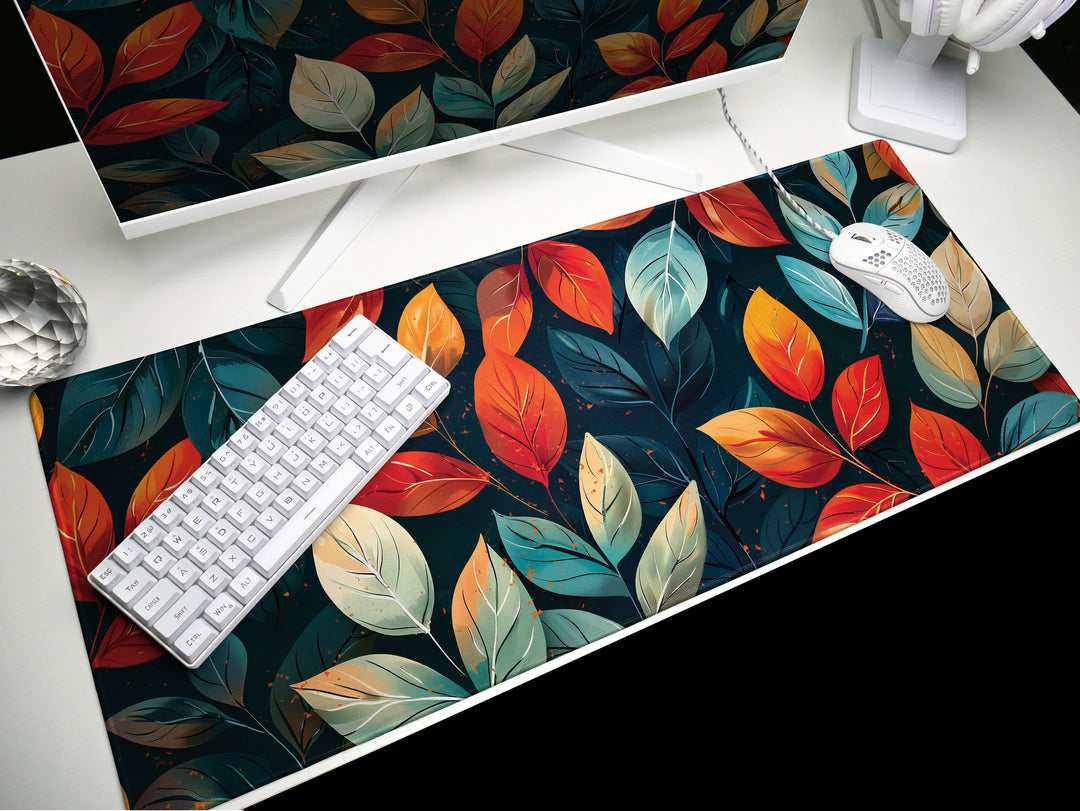 Autumnal Elegance, Desk Pad, Lush Foliage Pattern, Vivid Fall Colors, Office Decor, Artistic Desk Accessory