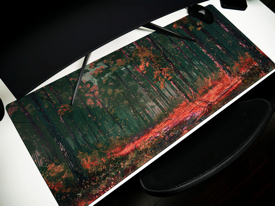 Whispering Woods, Desk Pad, Autumnal Forest Glow, Peaceful Office Nook, Artistic Desk Mat