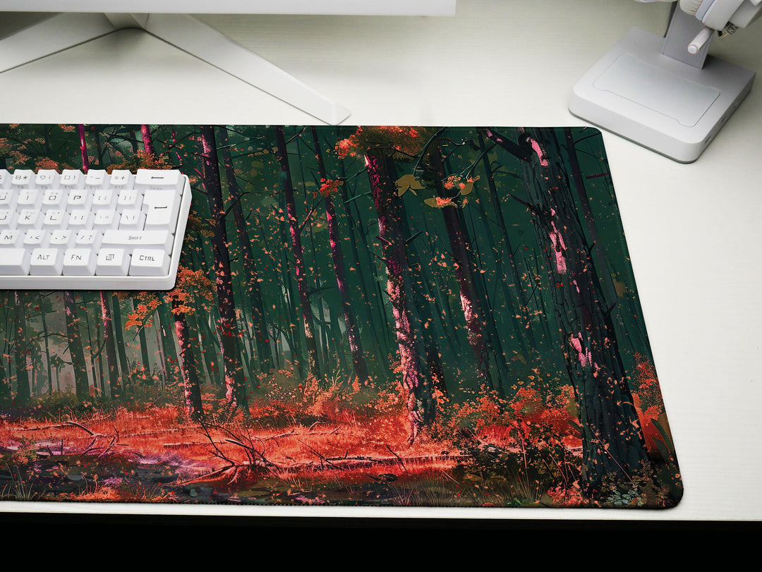 Whispering Woods, Desk Pad, Autumnal Forest Glow, Peaceful Office Nook, Artistic Desk Mat