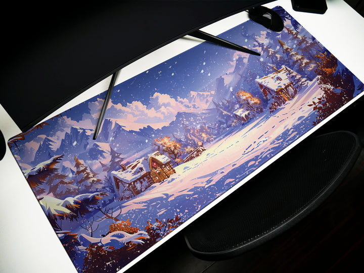 Alpine Glow, Desk Pad, Mouse Pad, Desk Mat, Majestic Mountains, Winter Serenity, Cozy Cabin Retreat