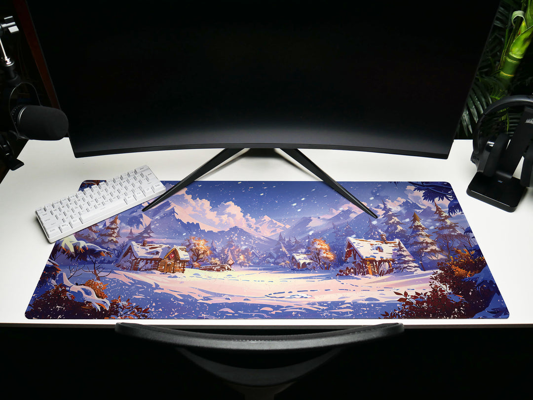 Alpine Glow, Desk Pad, Mouse Pad, Desk Mat, Majestic Mountains, Winter Serenity, Cozy Cabin Retreat