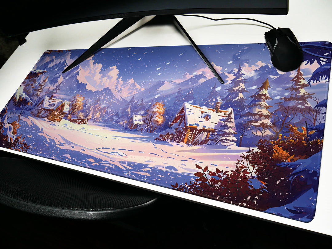 Alpine Glow, Desk Pad, Mouse Pad, Desk Mat, Majestic Mountains, Winter Serenity, Cozy Cabin Retreat