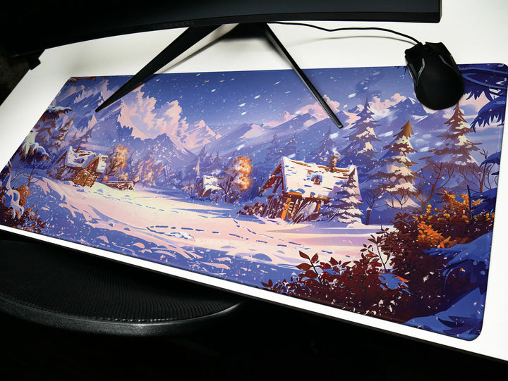 Alpine Glow, Desk Pad, Mouse Pad, Desk Mat, Majestic Mountains, Winter Serenity, Cozy Cabin Retreat