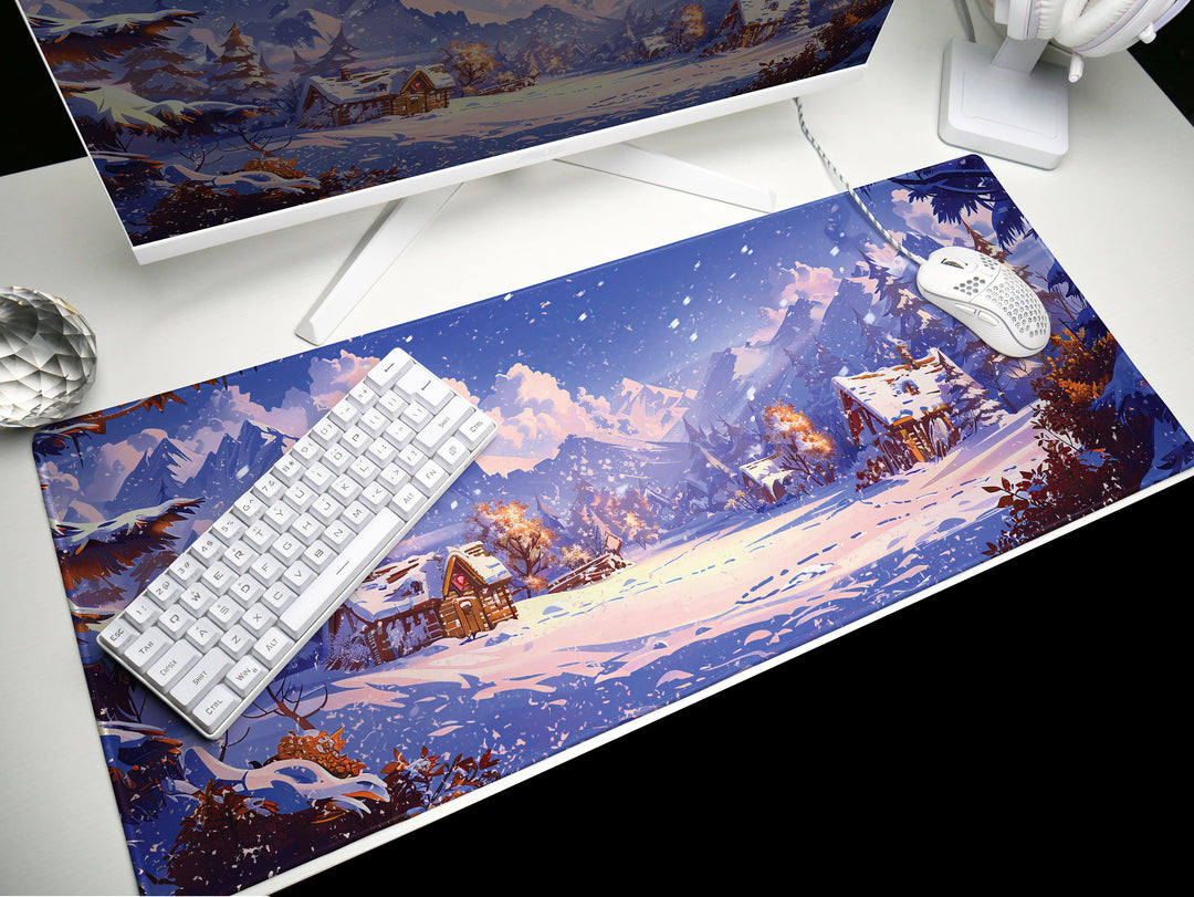 Alpine Glow, Desk Pad, Mouse Pad, Desk Mat, Majestic Mountains, Winter Serenity, Cozy Cabin Retreat