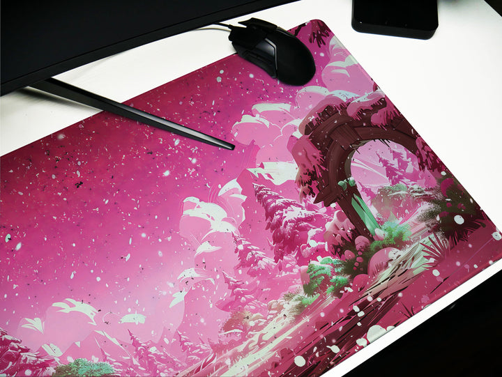 Crimson Fantasy, Desk Pad, Mouse Pad, Desk Mat, Magical Winter Arch, Snowy Wonderland, Dreamy Escape