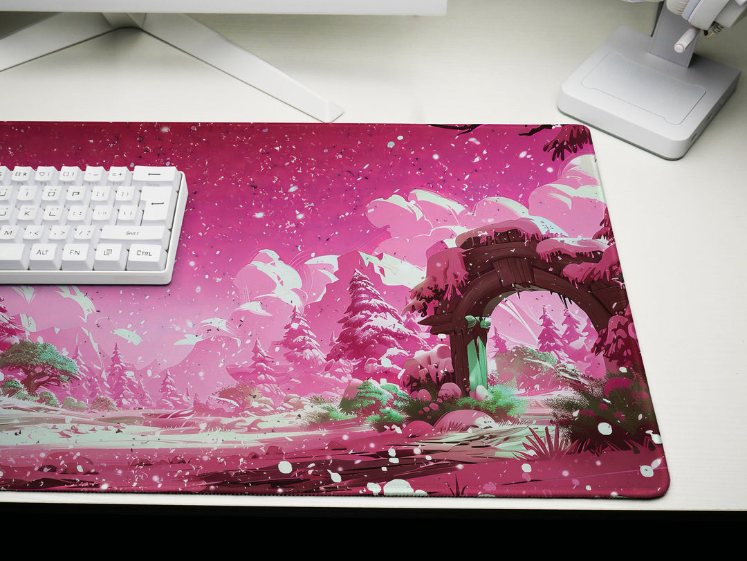 Crimson Fantasy, Desk Pad, Mouse Pad, Desk Mat, Magical Winter Arch, Snowy Wonderland, Dreamy Escape