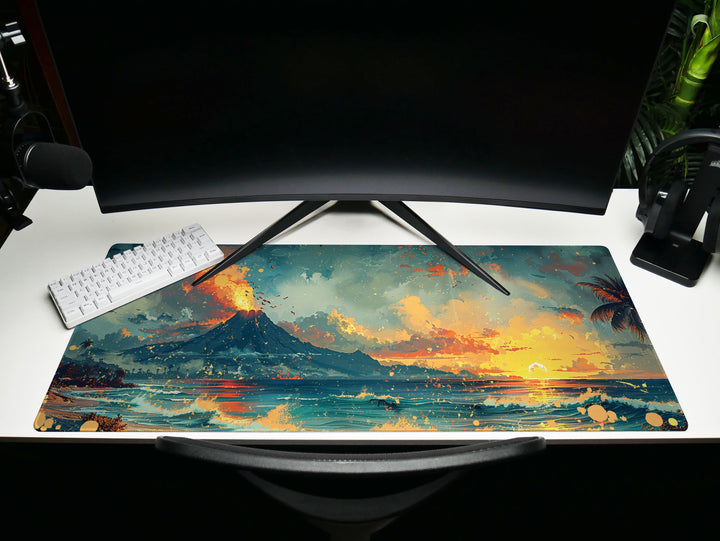 Lava Lagoon, Desk Pad, Mouse Pad, Desk Mat, Fiery Sundown, Tropical Silhouettes, Dynamic Seascape