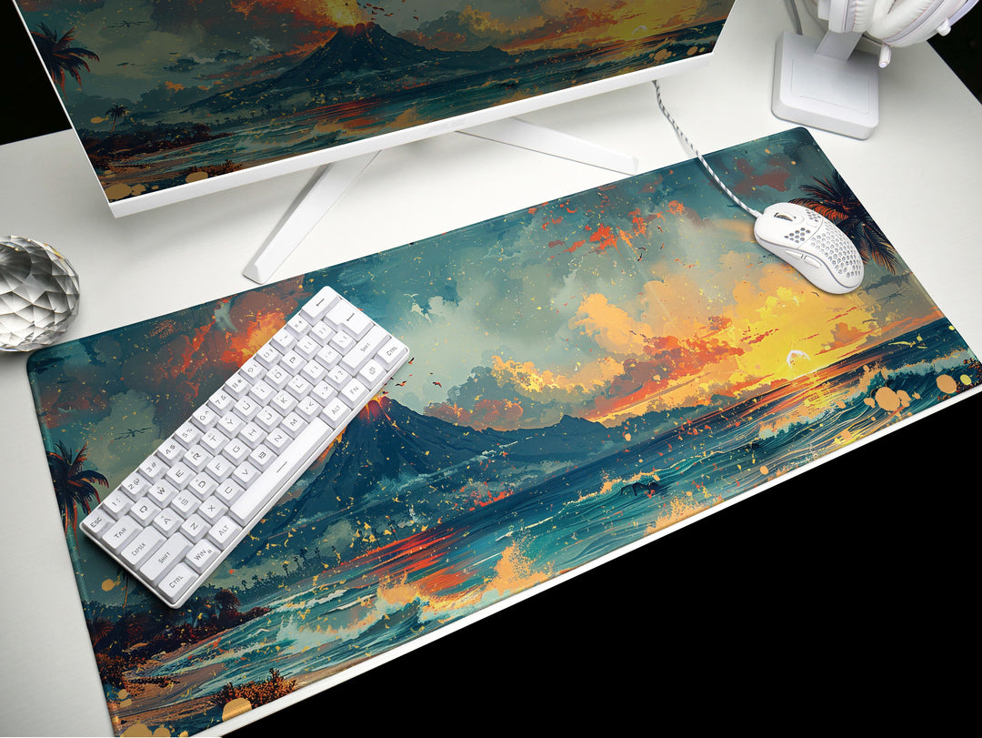 Lava Lagoon, Desk Pad, Mouse Pad, Desk Mat, Fiery Sundown, Tropical Silhouettes, Dynamic Seascape