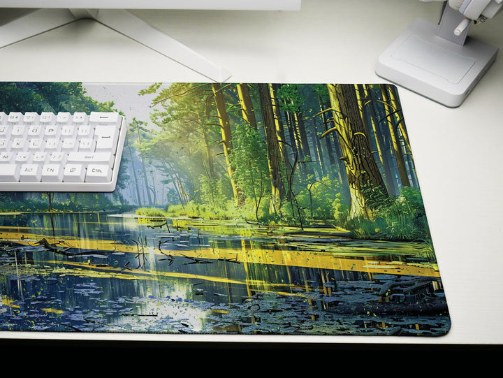 Verdant Reflection, Desk Pad, Mouse Pad, Desk Mat, Lush Forest Lake, Tranquil Wilderness, Mirror Water