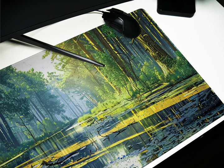 Verdant Reflection, Desk Pad, Mouse Pad, Desk Mat, Lush Forest Lake, Tranquil Wilderness, Mirror Water