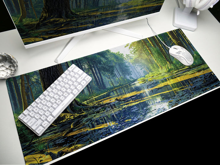 Verdant Reflection, Desk Pad, Mouse Pad, Desk Mat, Lush Forest Lake, Tranquil Wilderness, Mirror Water