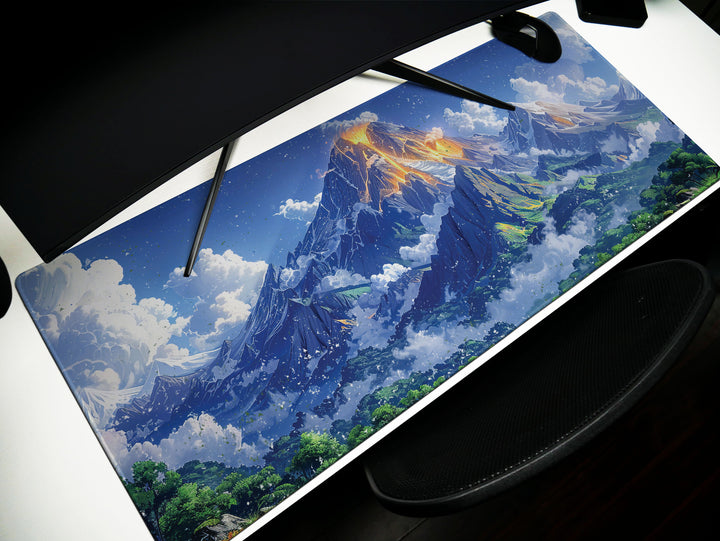 Majestic Peaks, Desk Pad, Mouse Pad, Desk Mat, Volcanic Eruption Art, Serene Landscape, Dynamic Clouds, Vibrant Greens