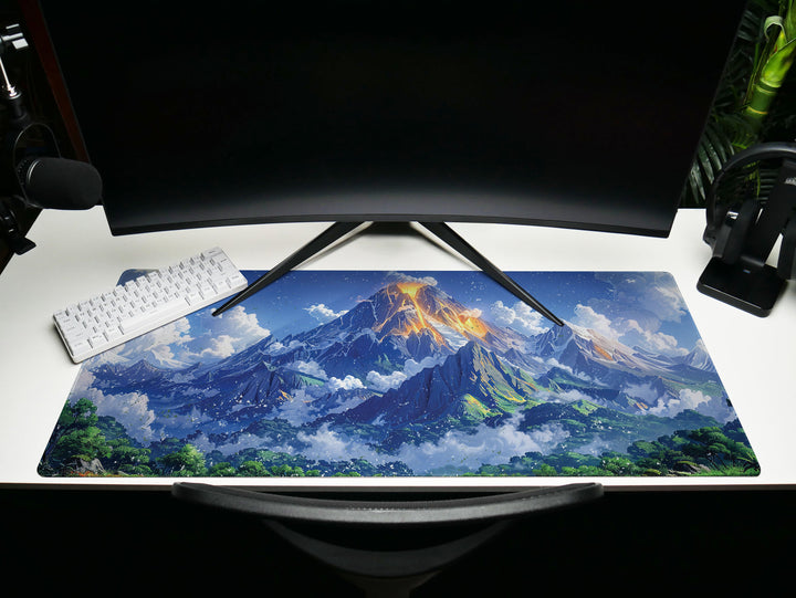 Majestic Peaks, Desk Pad, Mouse Pad, Desk Mat, Volcanic Eruption Art, Serene Landscape, Dynamic Clouds, Vibrant Greens