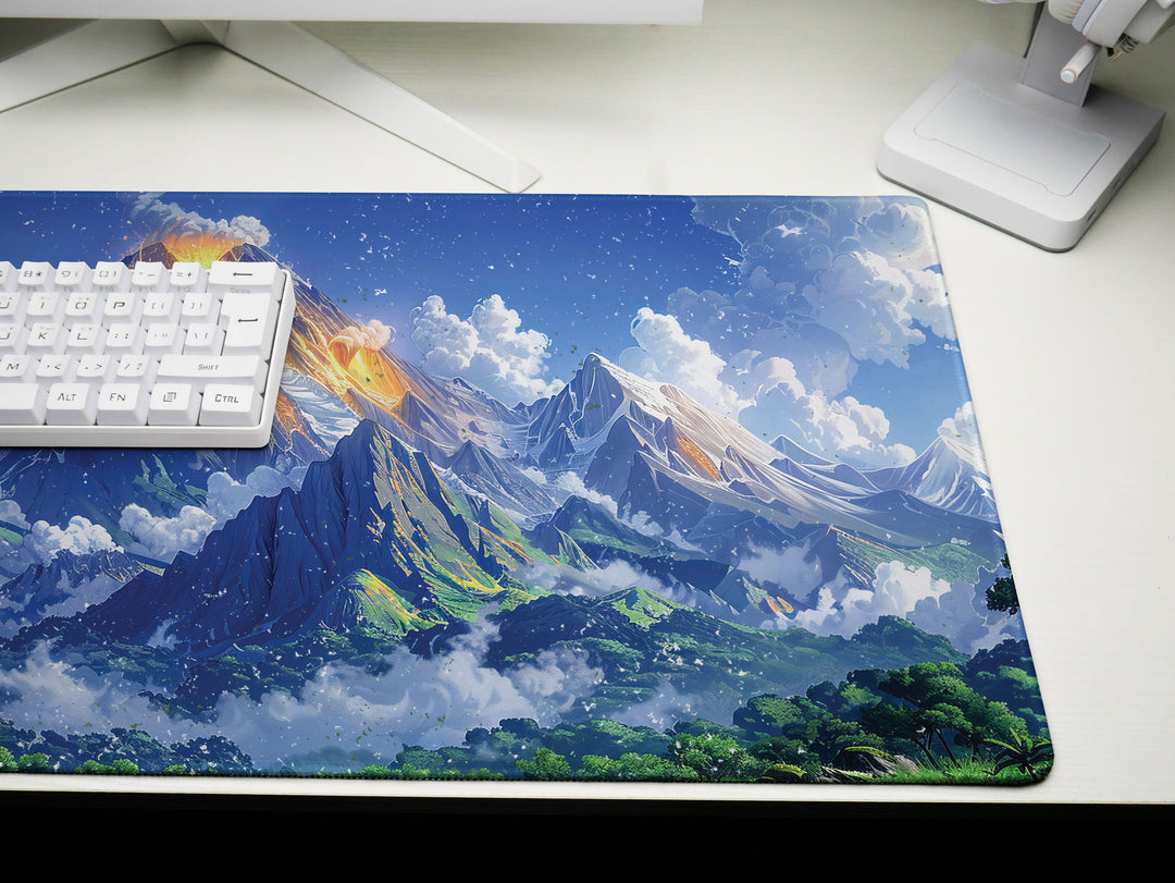 Majestic Peaks, Desk Pad, Mouse Pad, Desk Mat, Volcanic Eruption Art, Serene Landscape, Dynamic Clouds, Vibrant Greens