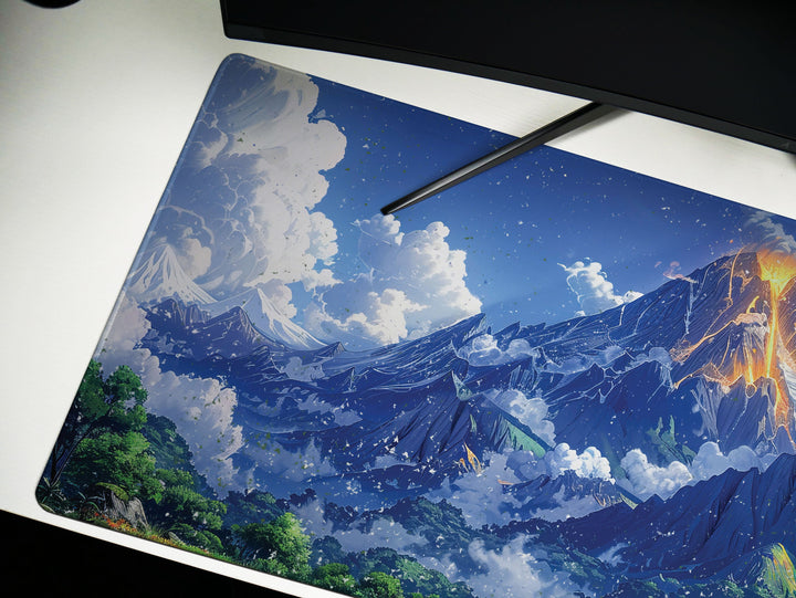 Majestic Peaks, Desk Pad, Mouse Pad, Desk Mat, Volcanic Eruption Art, Serene Landscape, Dynamic Clouds, Vibrant Greens