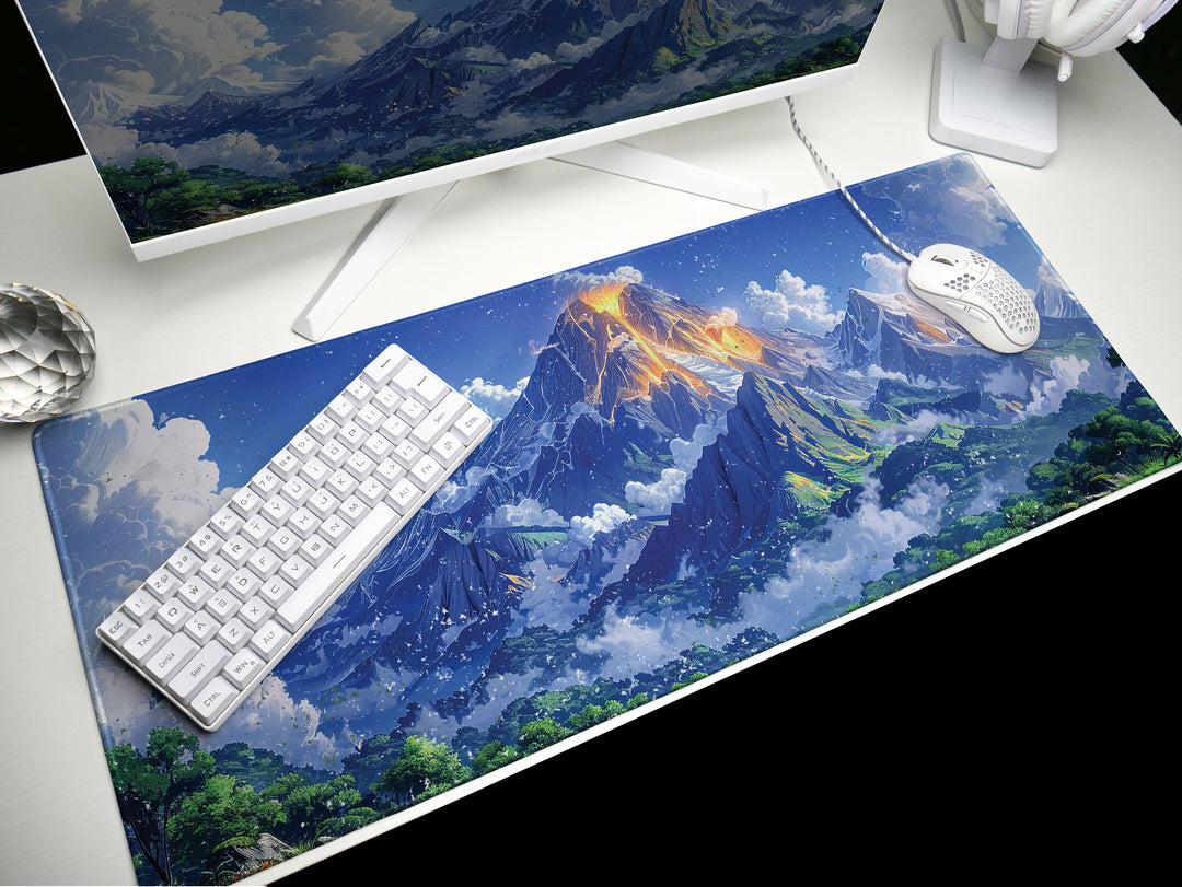 Majestic Peaks, Desk Pad, Mouse Pad, Desk Mat, Volcanic Eruption Art, Serene Landscape, Dynamic Clouds, Vibrant Greens