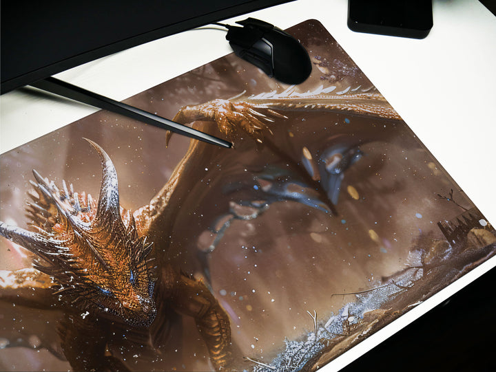 Majestic Mythos Design 1, Desk Pad, Mighty Dragon, Epic Fantasy Landscape, Enchanted Wilderness