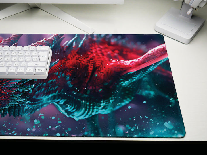 Majestic Mythos Design 2, Desk Pad, Crimson Drake, Celestial Magic, Dynamic Dragon Artwork