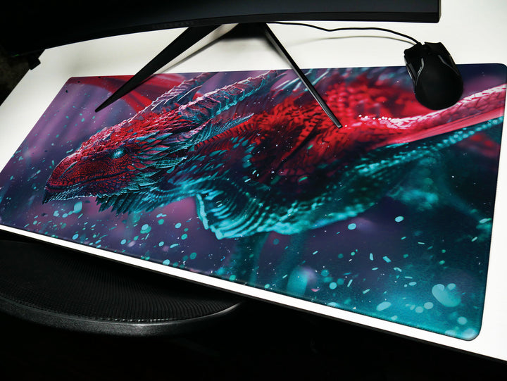 Majestic Mythos Design 2, Desk Pad, Crimson Drake, Celestial Magic, Dynamic Dragon Artwork