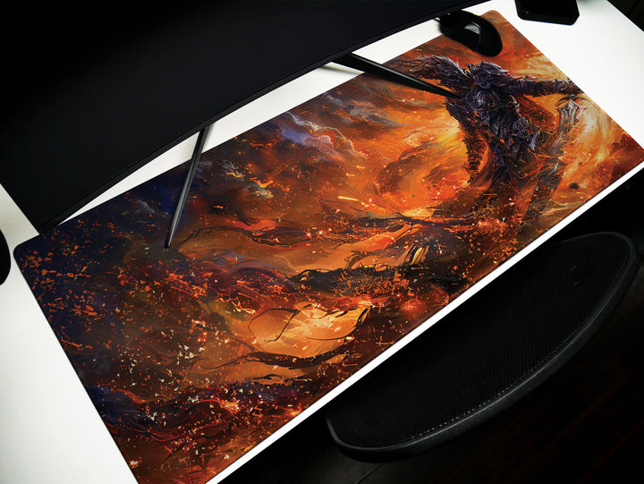 Dusk Slayer Design 2, Desk Pad, Epic Battle Scene, Fiery War Artwork, Intense Gaming Mat